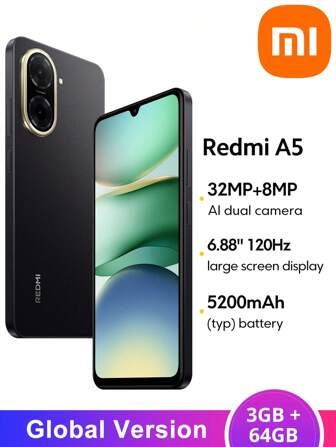Xiaomi Redmi A5 Smartphone Global Version 3GB+64GB UNISOC T7250 Processor 6.88" Large Screen 120Hz Display 32MP Main Camera 8MP Front Camera 5200mAh Battery (Typ) Supports 15W Fast Charging
