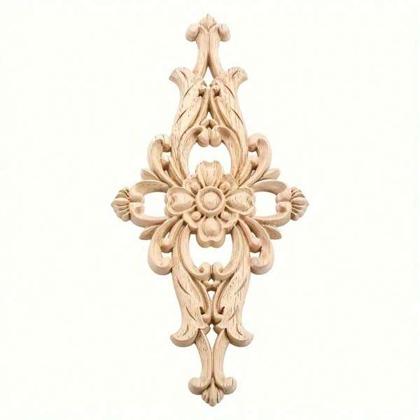 1pc Wood-Carved Furniture Appliques Onlays, Unpainted Center Carving Decal For Door Wall Ceiling Cabinet Dresser Decoration
