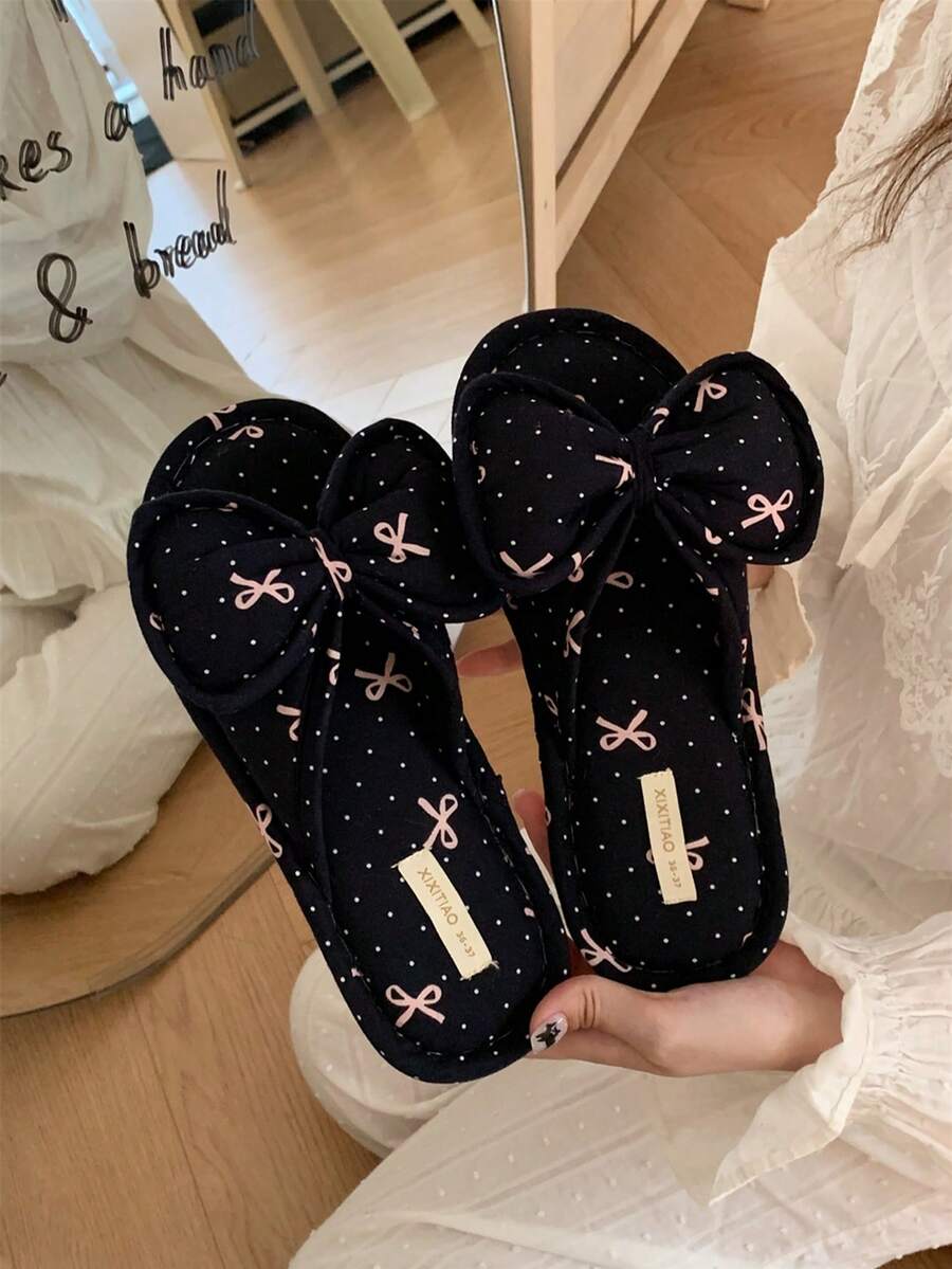 XIXITIAO 1 par de cómodas pantuflas de lino con lazo y lunares, pantuflas planas casuales para parejas, transpirables para todo el año, zapatos de piso de lino adecuados para el hogar, pantuflas planas clásicas de color block para mujer, baño