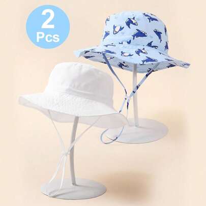 2pcs Kids White  Shark Print Summer Beach Sun Hat With Chin Strap Sun Ion