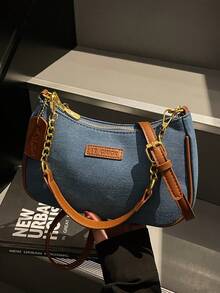 1pc Solid Color PU Leather Shoulder Bag For Women, Versatile Crossbody Bag For Commuting, Adjustable Shoulder Strap - Blue - View 5