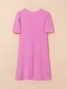 Mint Green Knit Round Neck Puff Sleeve Straight Mini Dress - Hot Pink - View 2