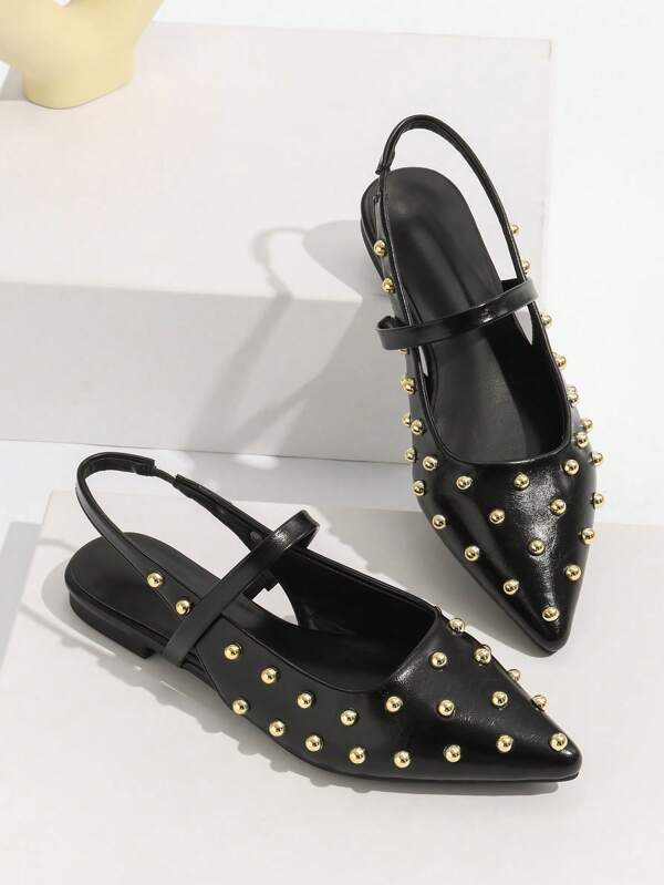 New Women Shoes Metal Rivet Decor Pointed Toe Flat Sandals, Fashionable Casual Versatile Solid Color Hollow-Out Outdoor Slip-On Shoes, Spring/Summer/Autumn,Mary Janes