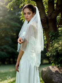 双层短款珍珠下摆新娘头纱，带发梳，新娘婚礼配饰，生日派对，女士订婚秋装 - 米色 - 查看 4