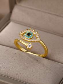 Vintage Evil Eyes Stainless Steel Rings, Cubic Zirconia Gold Color Anti Fading Open Ring For Women, Aesthetic Wedding Party Jewelry Vacation Accessories, Gifts For Mom/Best Friends