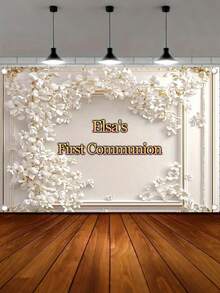 1pc Customizable Name Blessing First Communion Background With Elegant Floral Frame, White Flowers And Gold Letters - Durable Polyester Religious Celebration Decorations For Baptisms, Birthdays, Tailgate Parties - No Need For Power Photography Backdrops, Party Decorations | Delicate Decorations | Orange And Gold Gradient Font Accents, Three Sizes Available - Multicolor - View 7