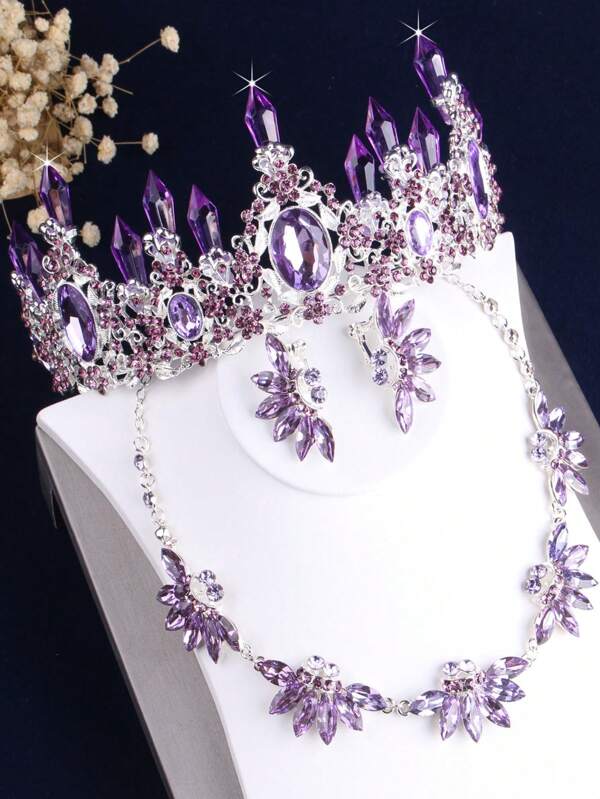 Bridal Wedding Jewelry Set: Purple Crown Necklace, Earrings - High-End Luxury Wedding,Banquet,Stage Performance Birthday Crown Necklace Earrings 3 Pieces Set