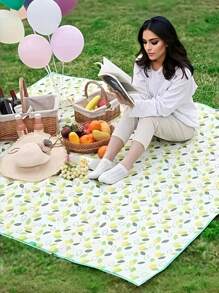 Yellow Green Leaf Waterproof Picnic Mat With Storage Pocket, For Outdoor, Picnic, Lawn Use, Suitable For Spring & Summer
