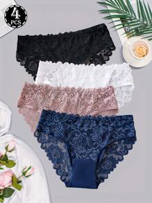 4 Packs Women's Underwear - Floral Lace Seamless Panties, Stretchy & Comfortable, Breathable Delicate Lace Design, Mid-Rise Basic Briefs For Daily Wear