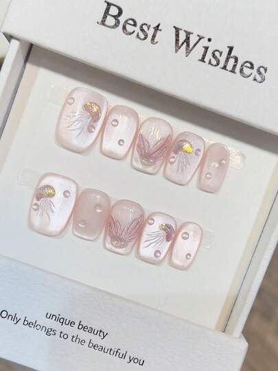10pcs Cute Nude Pink Cat Eye Jellyfish Fishtail Handmade Acrylic Press On Nails, Sweet Ocean Summer Wear Nails Short Coffin Fake Nails With Jelly Glue And Nail File, DIY Nail Art Supplies