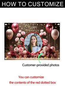 1pc Personalized Birthday Banner With Customizable Photo, Gold And Pink Floral Design, Entrance And Room Celebration Decorations, Ideal Gift For Family, Friends, Girlfriends, Holiday Decorations|Holiday Spirit|Polyester Banner, Perfect Teenager Gift, Durable, Suitable For Parties, Photo Booth Props And Celebrations, Home Decor, No Electricity Needed, Reusable, Three Sizes To Choose From Back To School