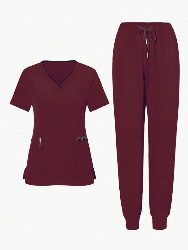Women V-Neck Short Sleeve Top With Pocket And Drawstring Waist Long Pants, Uniform Set