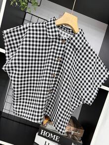 ELLIE Casual Striped Print Loose Cropped Shirt - 黑白格子 - 查看 2