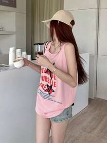 夏季甜美休闲标语星星印花宽松背心 - 粉色 - 查看 7