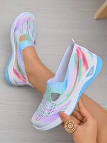 Women's New Knit Mesh/Dual Color Sole/Breathable Casual Sneakers, Women's Fashion Comfortable Soft Sole Soft Surface Anti-Slip Durable Running Shoes, Women's Low VampColor Matching Flats - Multicolor - View 7