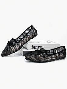 Women's Lightweight Fishnet Ballet Flats With Bowknot Decor, Hollow-Out, Breathable, Fashion