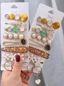 8pcs/16pcs Set Cute Alloy Faux Pearl Triple Heart Hair Clips, Versatile Everyday Wear For Women - Multicolor - View 7