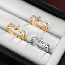 1 件简约线条几何环绕设计锆石镶嵌女士戒指 - 彩色 - 查看 10