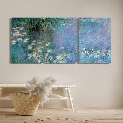 3 件莫奈睡莲池塘帆布印刷品，松木包裹框架，装饰艺术经典现代风格，水墨画墙艺术，适用于家庭办公室、客厅、卧室、浴室、餐厅、春夏风景主题、肖像方向、室内外装饰