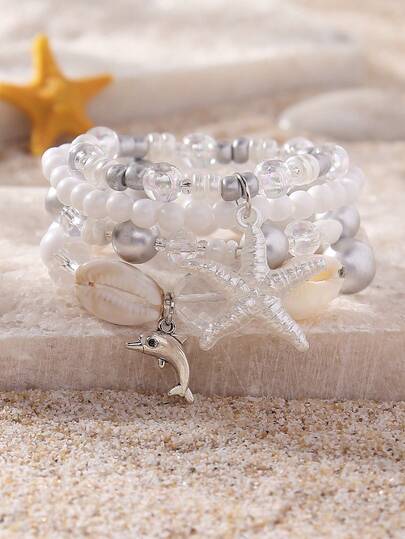4pcs/Set Bohemian Style Starfish, Dolphin, Shell & Bead Layered Bracelets, Cute Ocean Theme Jewelry Suitable For Women Beach, Casual, Holiday Wear