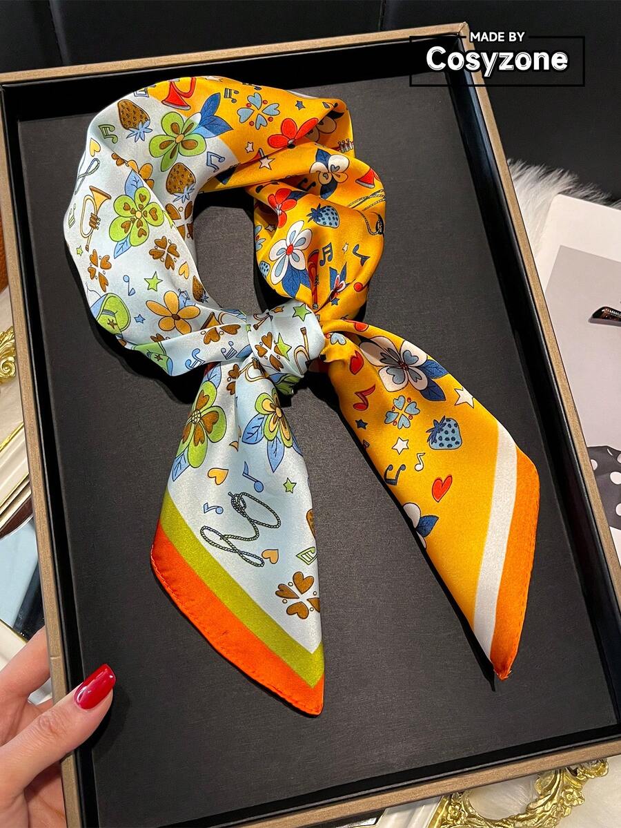 1pc Minimalist Printed Faux Silk 27.6 Inch Square Scarf, Women Bandana Neckerchief Essential For Spring Summer, Versatile For Hair Tie, Belt, Wrap, Fashion Accessory - Multicolor - View 1