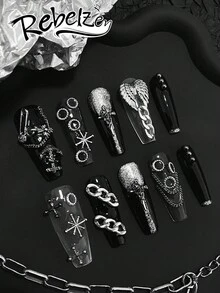 10 片手工压制棺材形指甲，夏季美甲，漂亮假指甲，DIY，万圣节，翅膀，链条，美甲配件，黑色指甲亮片，适合女孩和女士，可重复使用的美甲用品，用于婚礼、派对、节日场景，赠送美甲套装，按压式指甲