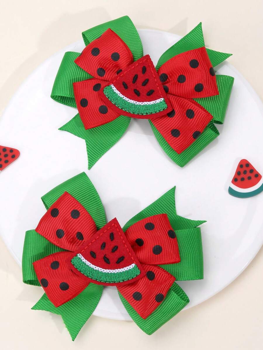 2pcs Girls Summer Daily Wear Watermelon Bow Hair Clips - Multicolor - View 1