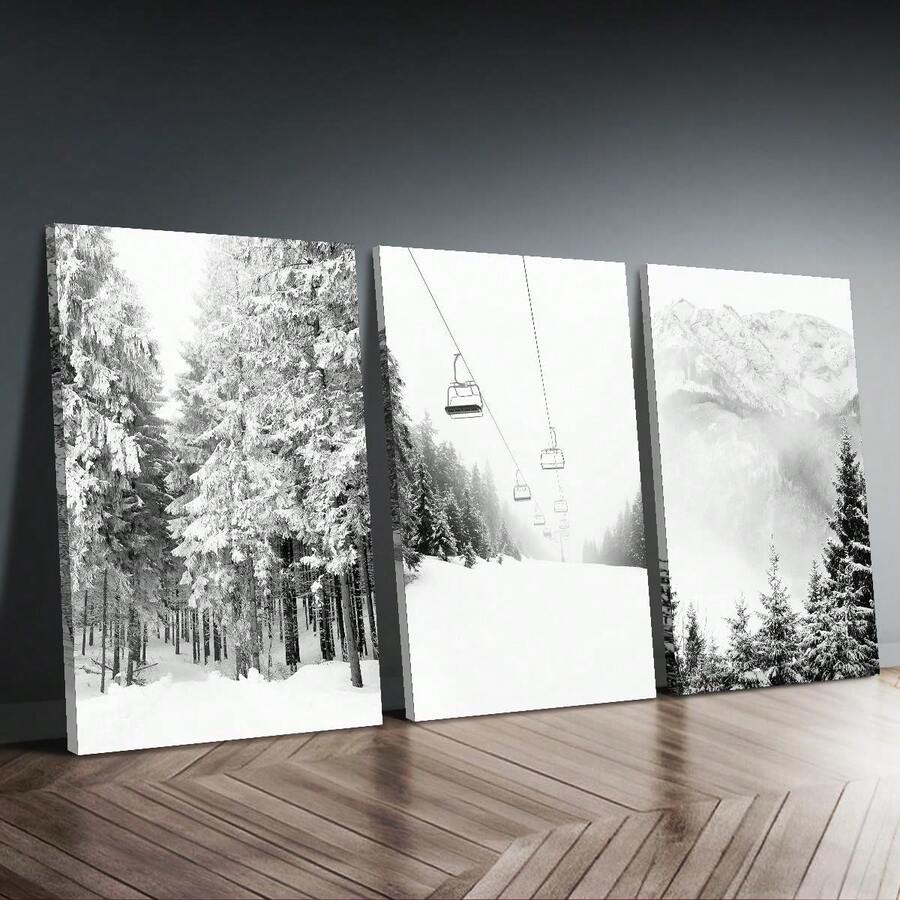 3 pezzi di set di arte su tela con montagne e scene nevose moderne - decorazione da parete in bianco e nero di una seggiovia da sci per soggiorno, camera da letto, ufficio - stampe incorniciate in verticale con cornici in legno di pino, perfette per uso interno/esterno - Multicolore - Visualizzare 1