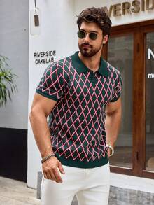 Men's Retro Geometric Pattern Knitted Ribbed Top, Suitable For All Seasons, High-End Retro Old Money Style - Olive Green - View 2