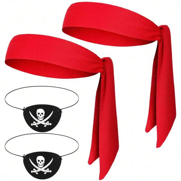 4 Stücke Piratenzubehör, Piraten-Party-Zubehör, 2 Stücke Piratenkopftuch als Sportstirnband und 2 Stücke Piraten-Augenklappen