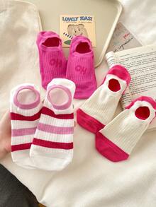 3 Pairs Women Cute Pink Ankle Socks, Striped Letter Print Fashion Socks, Breathable Soft Boat Socks, Invisible Socks, Suitable For Daily Wear And Parties, All Seasons - Multicolor - View 4