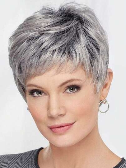 10 Inch Fashionable Silver Gray Short Curly Wig With Side Bangs For Women, Synthetic Fiber, Heat Resistant, Suitable For Daily Wear And Halloween Parties