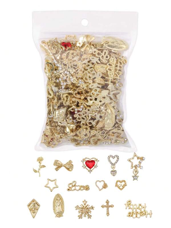 40 Stücke/Packung zufälliges Nagelschmuck Set in Goldton, beinhaltet Stern Niete, glänzendes Kreuz, süßer Planet Legierung Nagel Schmuck und 3D Y2K Diamant Nagelkunst Dekorationen