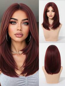 时尚 18 英寸勃艮第酒红色分层假发，带刘海，适合女士 - 柔软、易护理的酒红色合成假发，非常适合日常佩戴、工作、圣诞节和节日