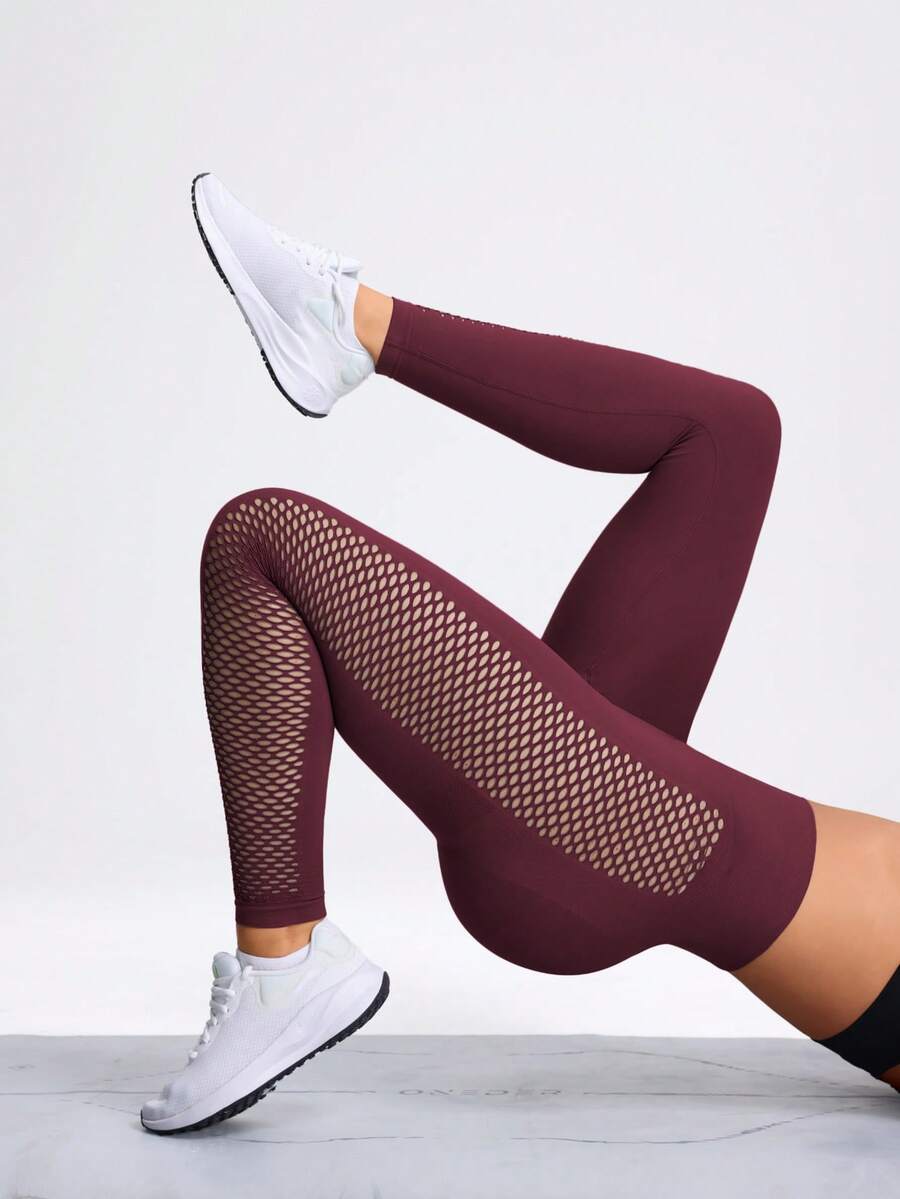 1 szt. bezszwowe legginsy z wysokim stanem i siateczkowymi wycięciami po bokach, oddychające i wygodne spodnie do jogi odpowiednie dla kobiet uprawiających sporty na świeżym powietrzu, jogę i fitness wiosną - Kasztanowy - Zobacz 1