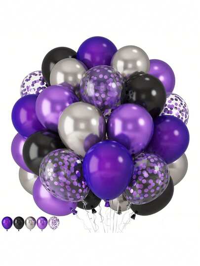 50 套高品质乳胶气球套装 - 紫色和黑色，带五彩纸屑，非常适合生日、婚礼、毕业典礼、万圣节、室内和室外主题派对装饰