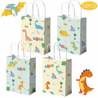 12pcs - Reusable Cute Little Dinosaur Gift Bags With Handles, Medium Size Party Favor Bags For Birthdays, 8.6x6x2.8 Inches, Suitable For Gifts, Holiday Presents Valentine's Day Mother's Day Graduation