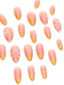 24pcs Almond Shaped False Nails With Gold Stripes, French Tips, Mermaid Shell Patterns, Pure White Pearl, White Diamond And Handmade Resin, Presenting 3D Effect For Luxurious Look, Comes With Jelly Gel And File