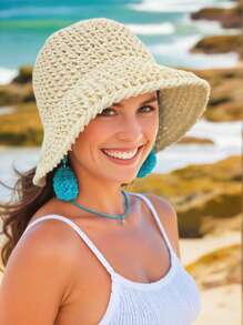 Chapéu de Balde de Palha Dobrável Feminino | Chapéu de Sol de Praia | Chapéu de Viagem Boêmio Trançado à Mão UPF50+ para Senhoras - Leve Portátil Vazado Chapéu de Verão (À Prova de Vento / Respirável / Pronto para Férias) Em 6 Cores