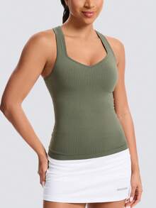 Micro V-Neck Sports Crop Top With Built-In Bra, Breathable Design, Elastic Sports Halter Top, Suitable For Fitness, Yoga, Sports, Running, Cycling. - 灰綠色 - 查看 2