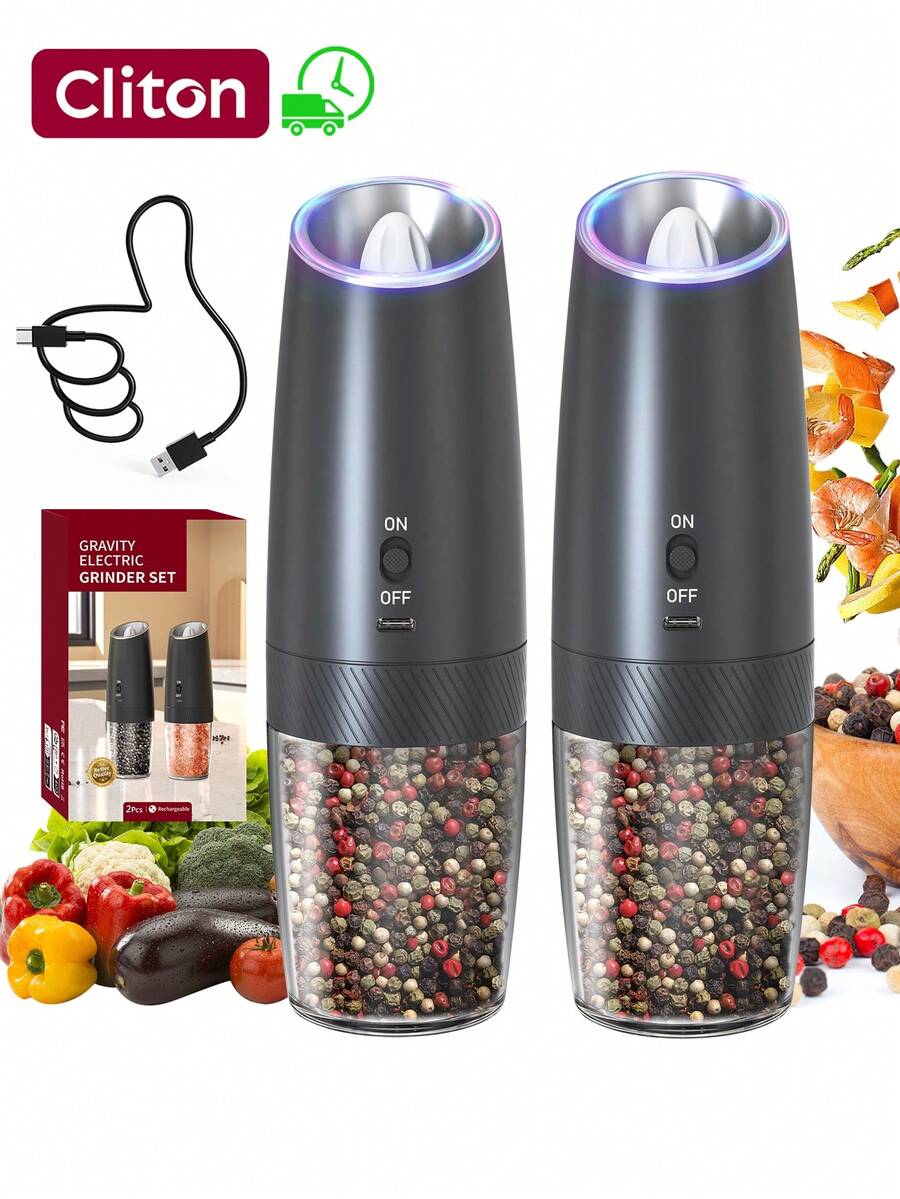 CLITON Gravity Electric Salt And Pepper Grinder Set Rechargeable Salt And Pepper Grinder Set With LED Light, No Battery Needed, Adjustable Coarseness, Washable 135ml Container, Christmas Gifts, Halloween Gifts, Kitchen Gifts, Thanksgiving Gifts, New Year Gifts, Valentine's Day Gifts,Black - 彩色 - 查看 1