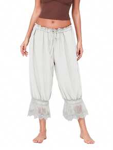 Pantalones cortos para mujer, holgados, de tiro medio, con parches de encaje, estilo farol, ropa de calle informal - Blanco - Ver 1