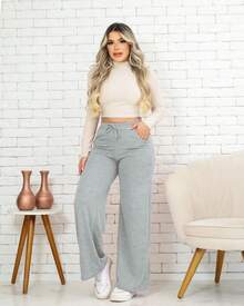 Wide Leg Wide Leg Flare Hem Straight High Waisted Fleece Lined Wide Leg Structured Fit Trousers - 灰色 - 查看 1
