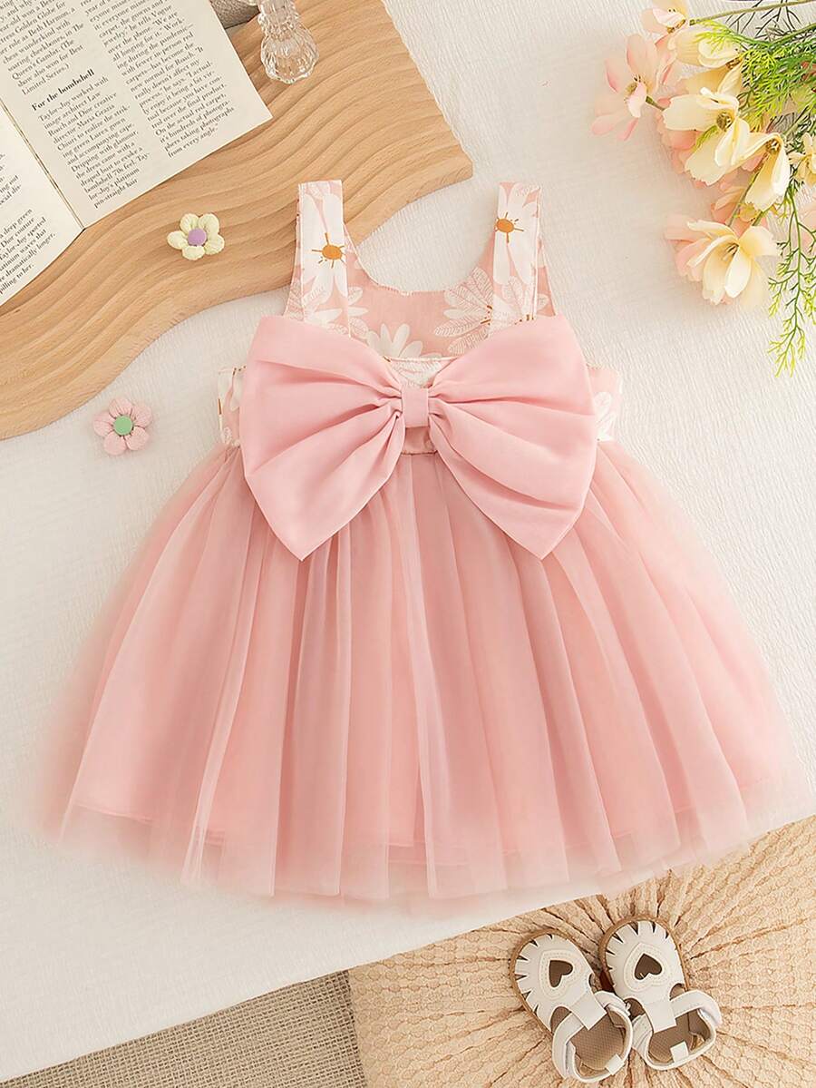 Vestido de verano sin mangas para niña con estampado de margaritas y malla, con lazo en la espalda. Vestido de fiesta de verano para niñas - Rosa - Ver 1