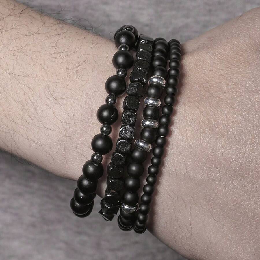 4pcs/Set Punk Rock Map Volcano Stone Beaded Elastic Bracelet Set, Versatile Design For Daily Wear, Suitable For Men - Gun Black - View 1