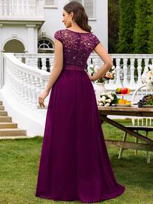 MIUSOL V Neck Sequin Lace Cap Sleeve Chiffon Pleated Hem Evening Party Maxi Dress, Elegant Party Dress For Women, Formal Evening Gown, Prom Dress, For Wedding Guest, Graduation, Dinner - 紫紅色 - 查看 2