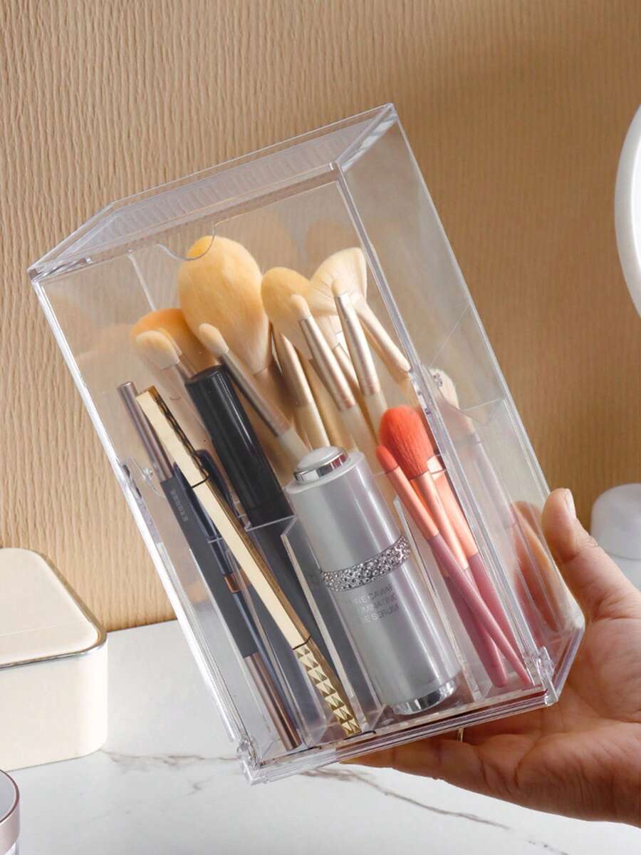 Transparent Large Capacity Flip Cover Makeup Brush Holder - Adjustable Cosmetic Storage Box With Compartments, Tabletop Organizer, Makeup Organizer