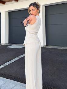 Jeta Ari Summer Linen Color Linen Suit Vest Two-Piece Set Ladies" Fashionable Solid Color Button Contrast Color Sleeveless Top And Trousers Set Wear Comfortable Fabric Breathable Soft Suitable For Commuting Daily Holiday Wear - Khaki - View 3