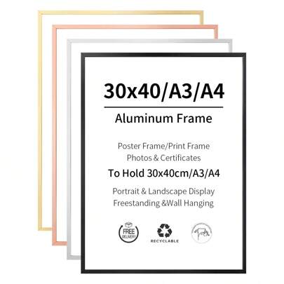 1/2/3pcs Multi-Color Aluminum Photo Frame 30x40cm/A3/A4, Frameless Feeling Metal Picture Frame, Slim Narrow Border Rust-Resistant Metal Frame For Posters, Canvas & Certificates , Modern Home,Wedding Photo Display, Studio Wall Art, Corporate Award Frame Office Gallery Decor (Gold/Silver/Rose Gold/Black)