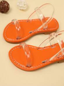 1 双幼儿圆头透明绑带平底凉鞋，橙色底柔软 PU 材质，防滑 TPR 鞋底，休闲可爱罗马沙滩鞋，适合男婴/女婴，春夏季 - 橘色 - 查看 6